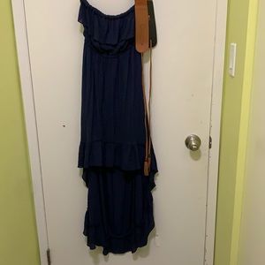Seductions navy blue strapless high to low dress with brown belt